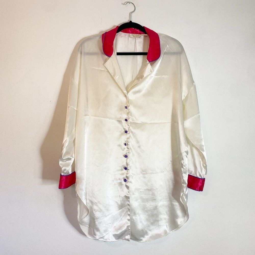 Vintage Victoria's Secret Gold Label Satin Cream Oversized Sleep Shirt Size M/L